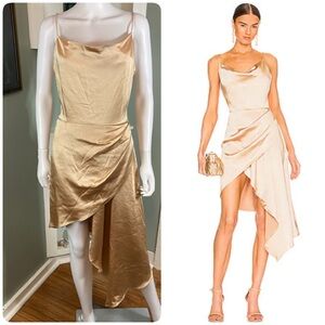 New NWT Elliatt Jacinda Gold Asymmetrical Liquid Satin Dress S Small Draped
